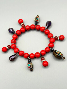 Red Beaded Charm Bracelet with Decorative Dangles